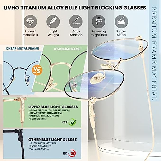 Livho Blue Light Blocking Glasses, Retro Round Fake Eyeglasses Frames Anti UV Ray Filter Computer Gaming Glasses Women Men (Gold Black Frame,Transparent lens)