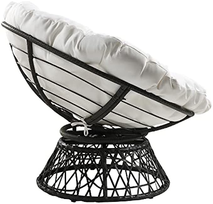 OSP Home Furnishings Wicker Papasan Chair with 360-Degree Swivel, 40” W x 36” D x 35.25” H, Grey Frame with White Cushion